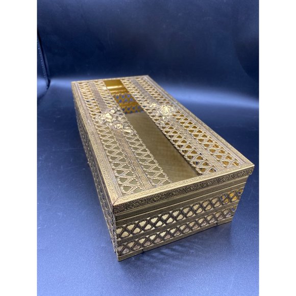 Vintage Gold Filigree Rose Tissue Box Cover Silver MCM Hollywood Regency - Picture 13 of 14
